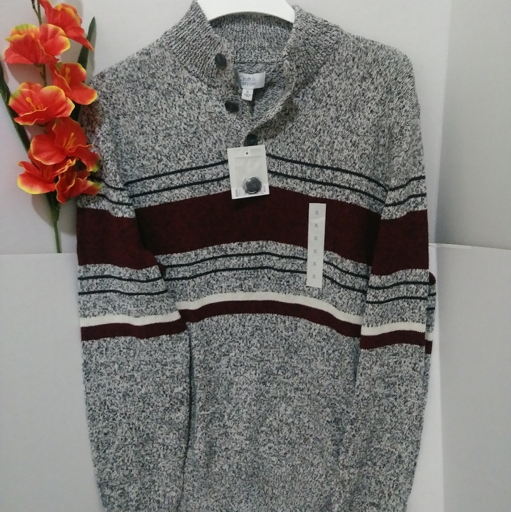 Croft & Barrow Mens XL Sweater Red Cream Marl Striped Quarter Button Mock Neck